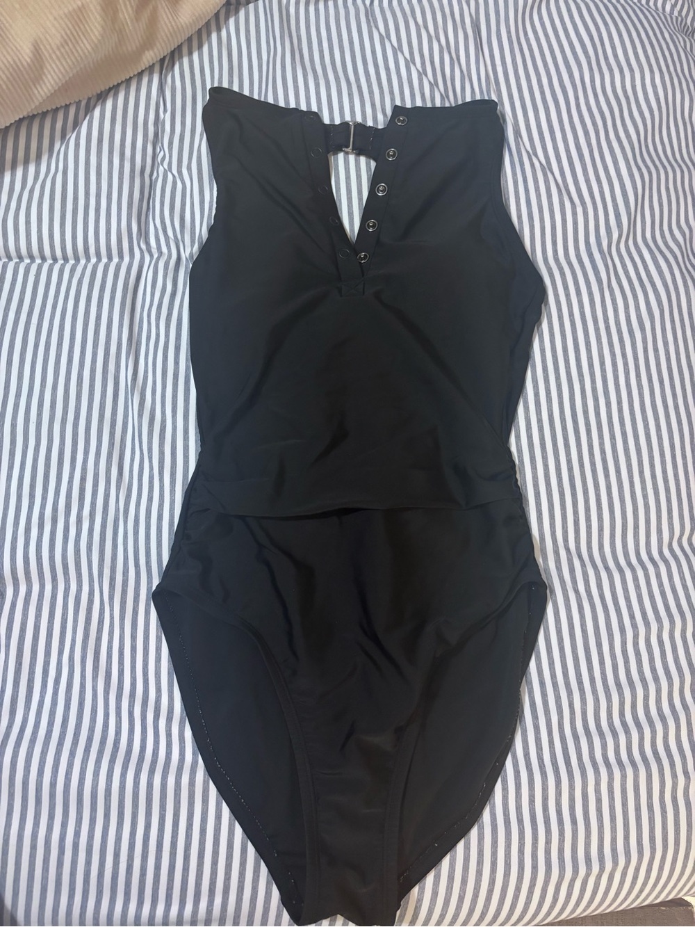 Black One-Piece Swimsuit with Button Placket